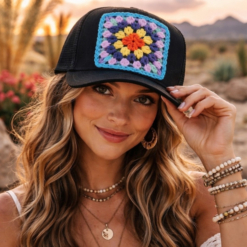 “DIY” Trucker Hat Black Boho Crochet Granny Patch Snapback Adjustable Festival